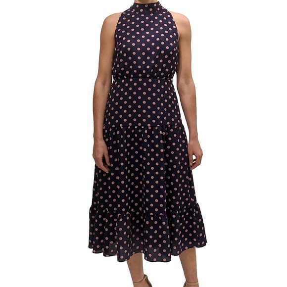 Sam Edelma Navy & Pink polka dot tiered midi dress - Picture 2 of 7